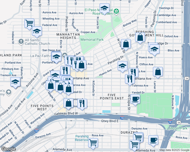 map of restaurants, bars, coffee shops, grocery stores, and more near 3204 Montana Avenue in El Paso