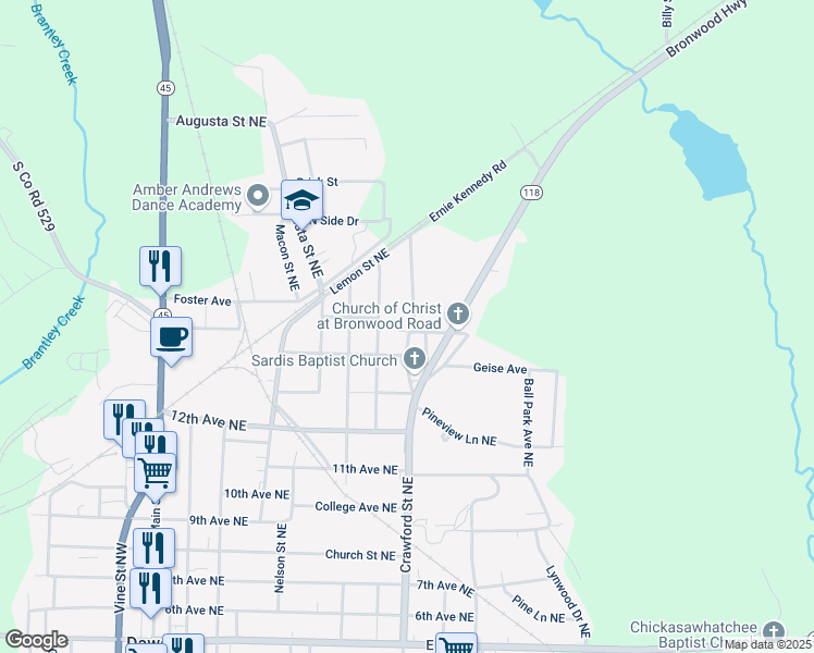 map of restaurants, bars, coffee shops, grocery stores, and more near 910 Summitt Drive Northeast in Dawson