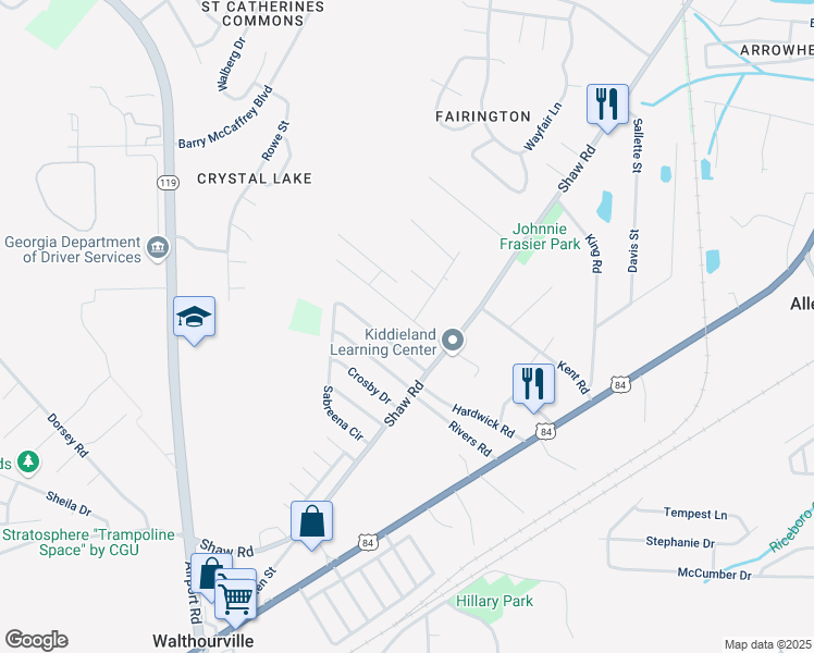 map of restaurants, bars, coffee shops, grocery stores, and more near 102 Kevin Road in Hinesville