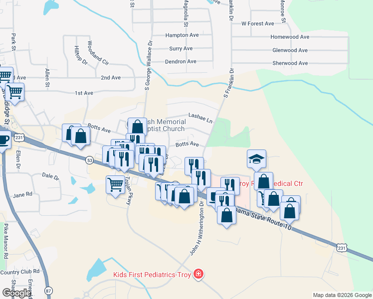 map of restaurants, bars, coffee shops, grocery stores, and more near 229 Dozier Drive in Troy
