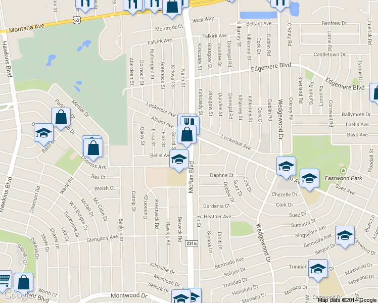 map of restaurants, bars, coffee shops, grocery stores, and more near 3025 Mcrae Boulevard in El Paso
