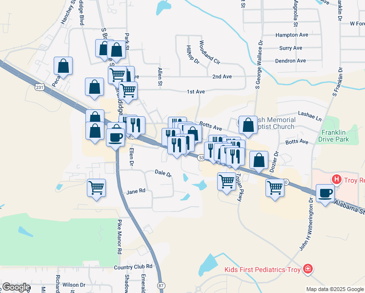 map of restaurants, bars, coffee shops, grocery stores, and more near 1104 U.S. 231 in Troy