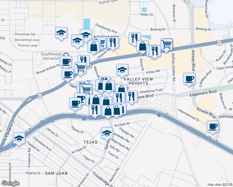 map of restaurants, bars, coffee shops, grocery stores, and more near 1201 Zuni Place in El Paso