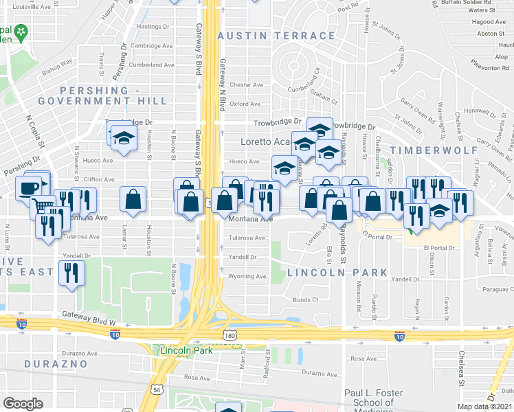 map of restaurants, bars, coffee shops, grocery stores, and more near 4407 La Luz Avenue in El Paso
