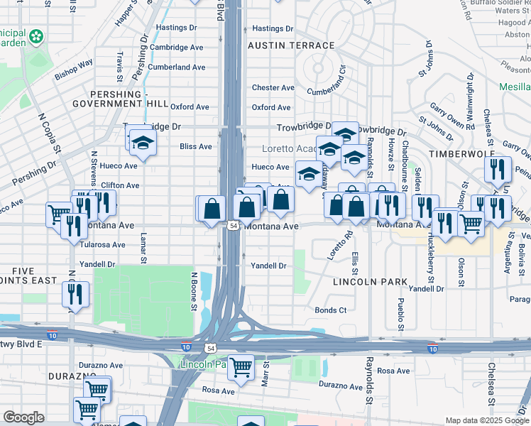 map of restaurants, bars, coffee shops, grocery stores, and more near 4407 La Luz Avenue in El Paso