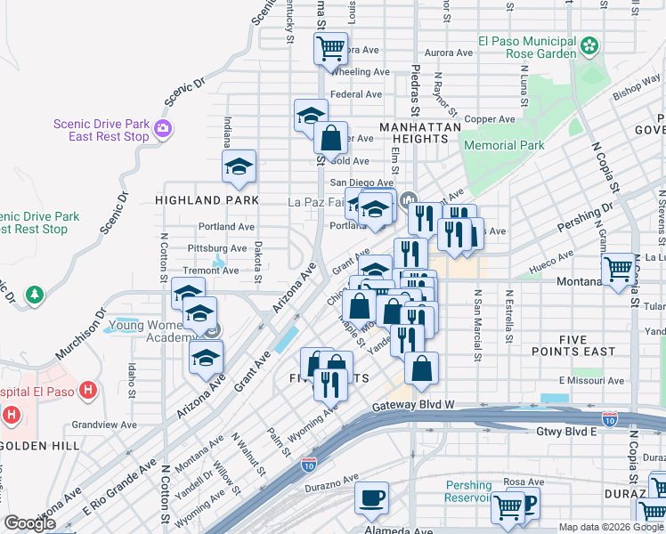 map of restaurants, bars, coffee shops, grocery stores, and more near 1100 Alabama Street in El Paso
