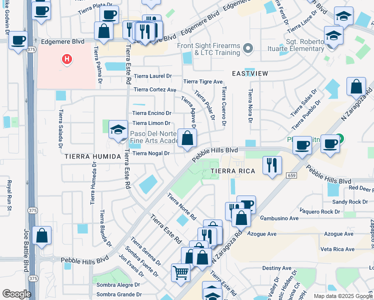 map of restaurants, bars, coffee shops, grocery stores, and more near 3008 Tierra Fresno Drive in El Paso