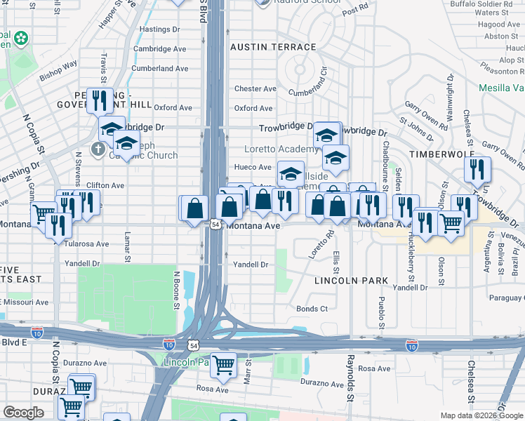 map of restaurants, bars, coffee shops, grocery stores, and more near 4407 La Luz Avenue in El Paso
