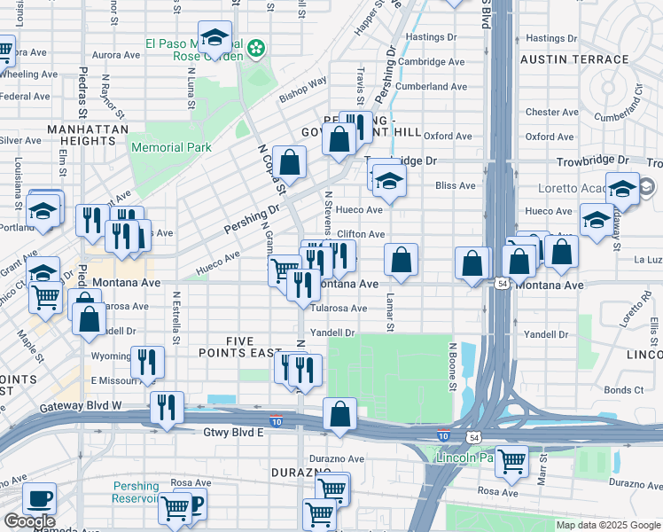map of restaurants, bars, coffee shops, grocery stores, and more near 3711 La Luz Avenue in El Paso