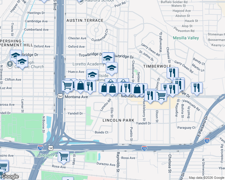 map of restaurants, bars, coffee shops, grocery stores, and more near 4637 La Luz Avenue in El Paso