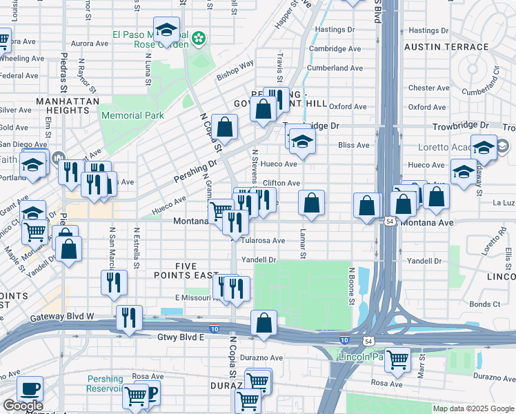 map of restaurants, bars, coffee shops, grocery stores, and more near 3711 La Luz Avenue in El Paso