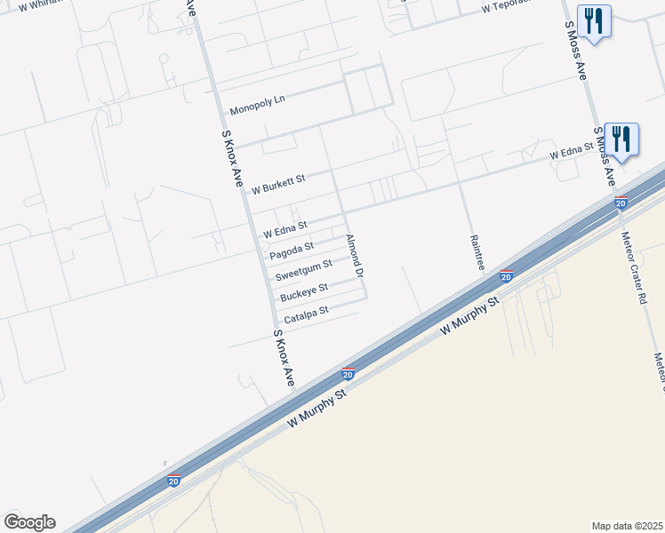 map of restaurants, bars, coffee shops, grocery stores, and more near 11601-11699 Pagoda Street in Odessa