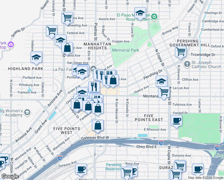 map of restaurants, bars, coffee shops, grocery stores, and more near 3009 Pershing Drive in El Paso