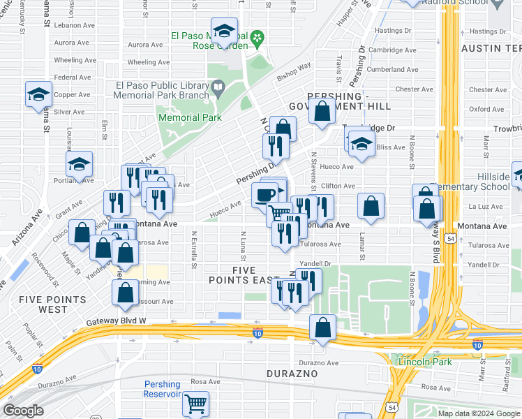 map of restaurants, bars, coffee shops, grocery stores, and more near 3424 La Luz Avenue in El Paso