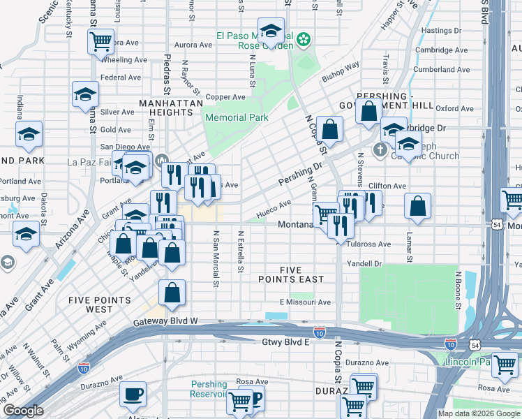 map of restaurants, bars, coffee shops, grocery stores, and more near 3309 Hueco Avenue in El Paso
