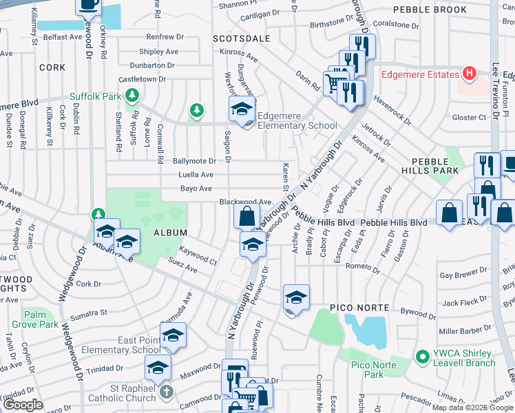 map of restaurants, bars, coffee shops, grocery stores, and more near 10329 Blackwood Avenue in El Paso