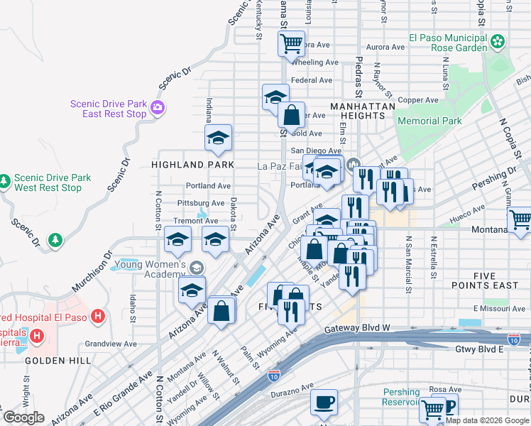 map of restaurants, bars, coffee shops, grocery stores, and more near 2519 Scenic Crest Circle in El Paso