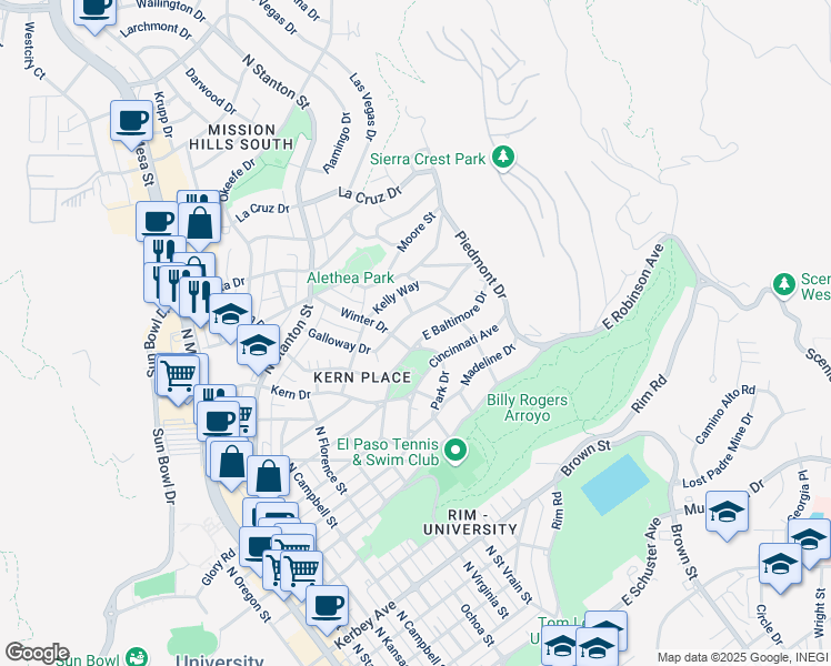 map of restaurants, bars, coffee shops, grocery stores, and more near 1124 Galloway Drive in El Paso
