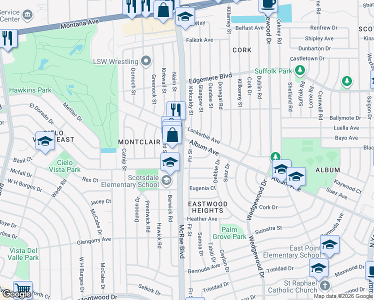 map of restaurants, bars, coffee shops, grocery stores, and more near 2929 Fir Street in El Paso