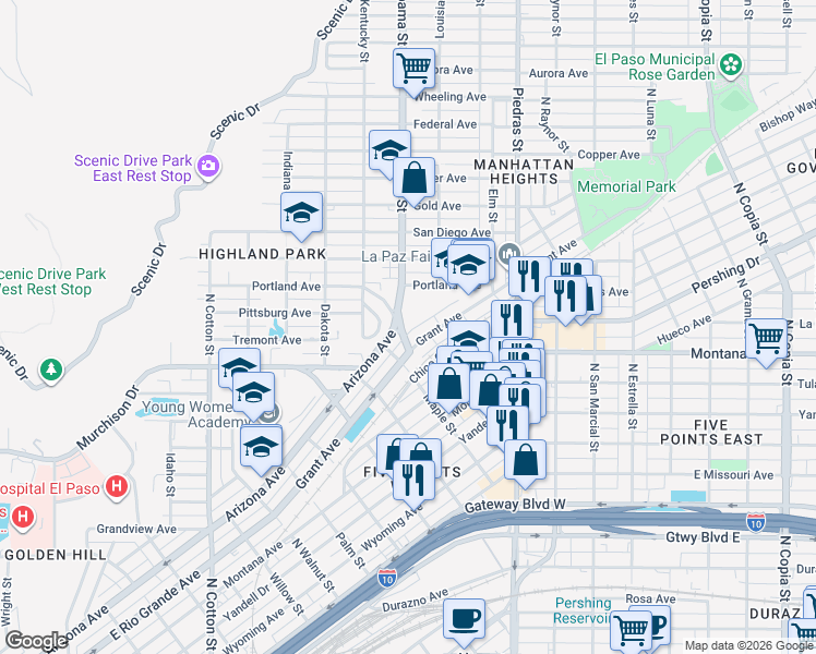 map of restaurants, bars, coffee shops, grocery stores, and more near 1100 Alabama Street in El Paso