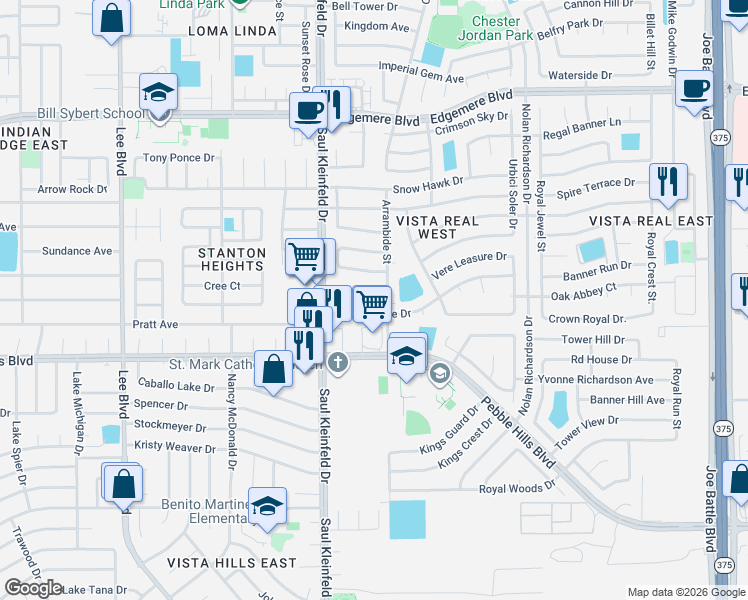 map of restaurants, bars, coffee shops, grocery stores, and more near 11773 Royal Banner Lane in El Paso