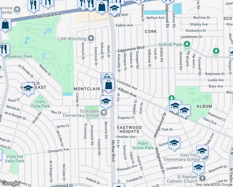 map of restaurants, bars, coffee shops, grocery stores, and more near 2929 Fir Street in El Paso