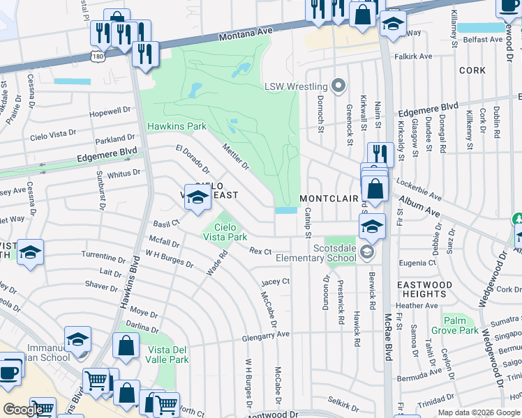 map of restaurants, bars, coffee shops, grocery stores, and more near 9101 Parkland Drive in El Paso
