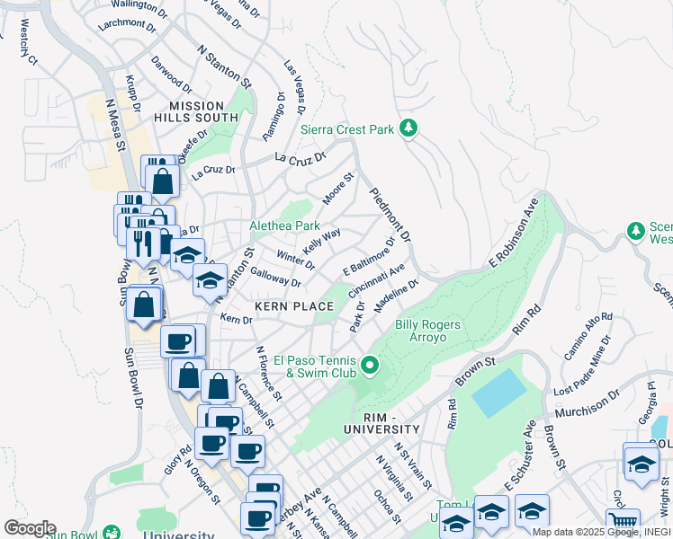 map of restaurants, bars, coffee shops, grocery stores, and more near 1124 Galloway Drive in El Paso