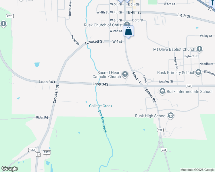 map of restaurants, bars, coffee shops, grocery stores, and more near 760 South Main Street in Rusk