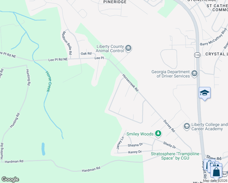 map of restaurants, bars, coffee shops, grocery stores, and more near 150 Whit Fraser Road Northeast in Hinesville