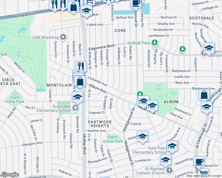 map of restaurants, bars, coffee shops, grocery stores, and more near 3000 Killarney Street in El Paso