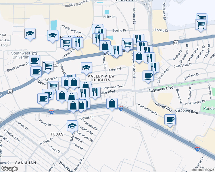 map of restaurants, bars, coffee shops, grocery stores, and more near 6436 Navajo Avenue in El Paso
