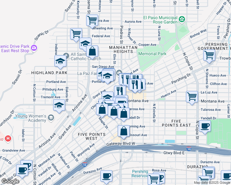 map of restaurants, bars, coffee shops, grocery stores, and more near 2851 Grant Avenue in El Paso