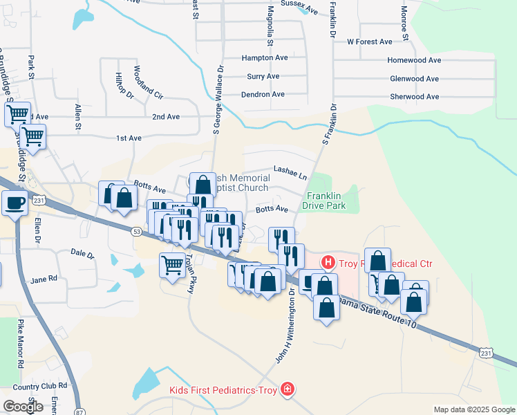 map of restaurants, bars, coffee shops, grocery stores, and more near 601 Ray Avenue in Troy