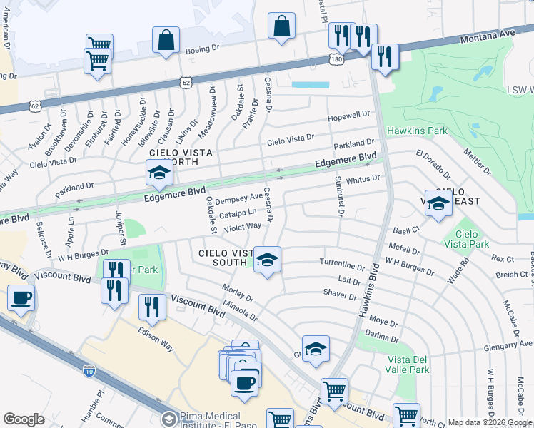 map of restaurants, bars, coffee shops, grocery stores, and more near 8224 Catalpa Lane in El Paso