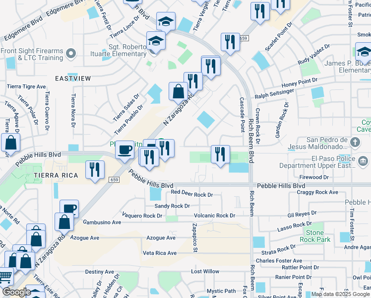 map of restaurants, bars, coffee shops, grocery stores, and more near 14016 Rainbow Point Drive in El Paso