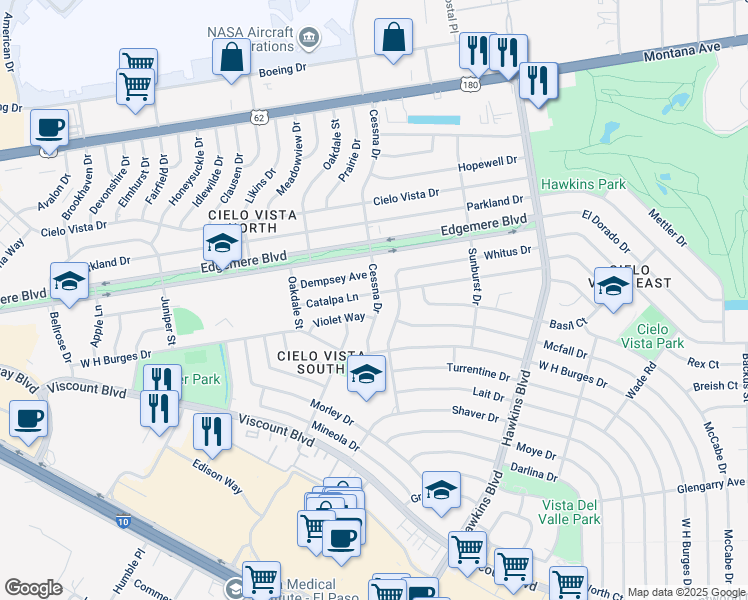 map of restaurants, bars, coffee shops, grocery stores, and more near 8224 Catalpa Lane in El Paso