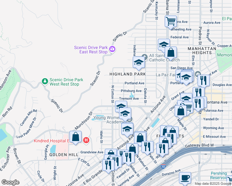 map of restaurants, bars, coffee shops, grocery stores, and more near 2108 Pittsburg Avenue in El Paso