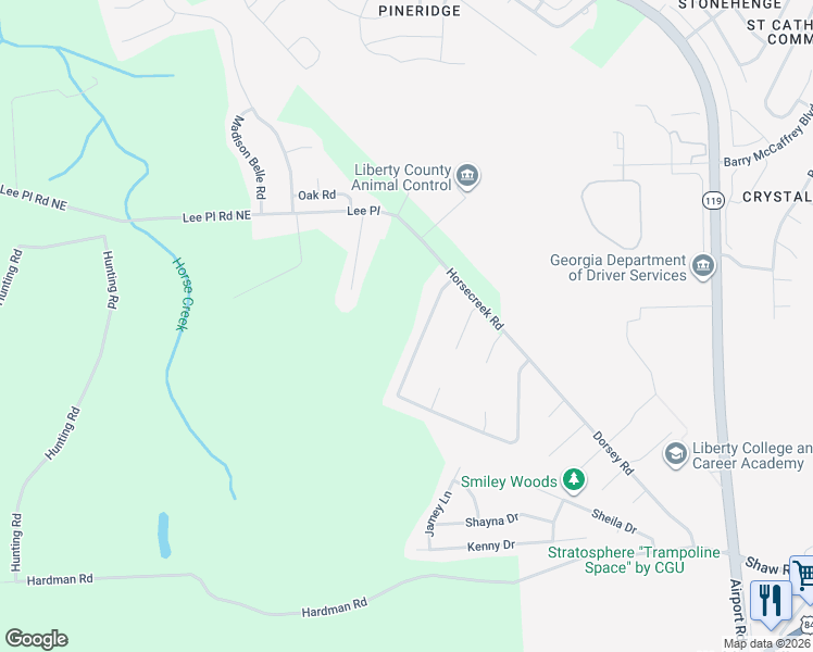 map of restaurants, bars, coffee shops, grocery stores, and more near 150 Whit Fraser Road Northeast in Hinesville