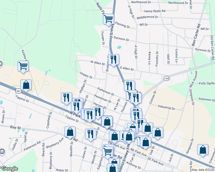 map of restaurants, bars, coffee shops, grocery stores, and more near 72 Erby Lane in Baxley
