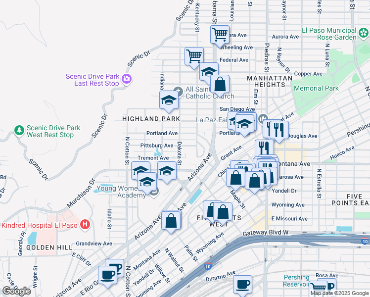 map of restaurants, bars, coffee shops, grocery stores, and more near 2412 Pittsburg Avenue in El Paso