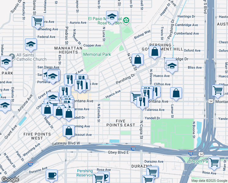 map of restaurants, bars, coffee shops, grocery stores, and more near 3309 Hueco Avenue in El Paso