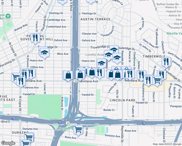 map of restaurants, bars, coffee shops, grocery stores, and more near 4407 La Luz Avenue in El Paso