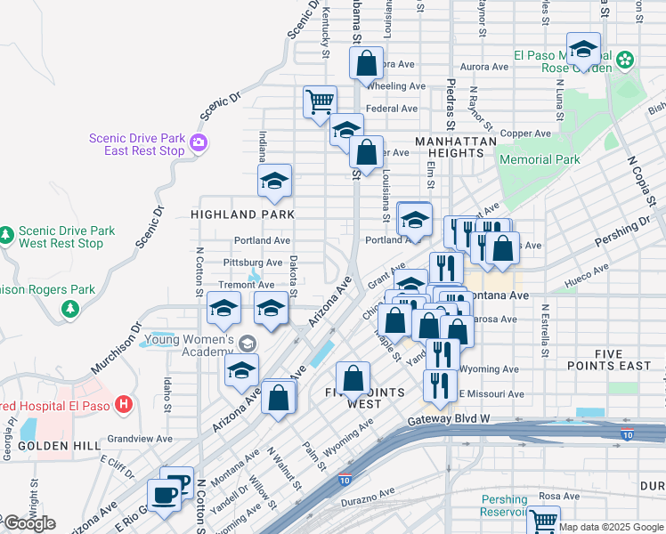 map of restaurants, bars, coffee shops, grocery stores, and more near 2519 Scenic Crest Circle in El Paso