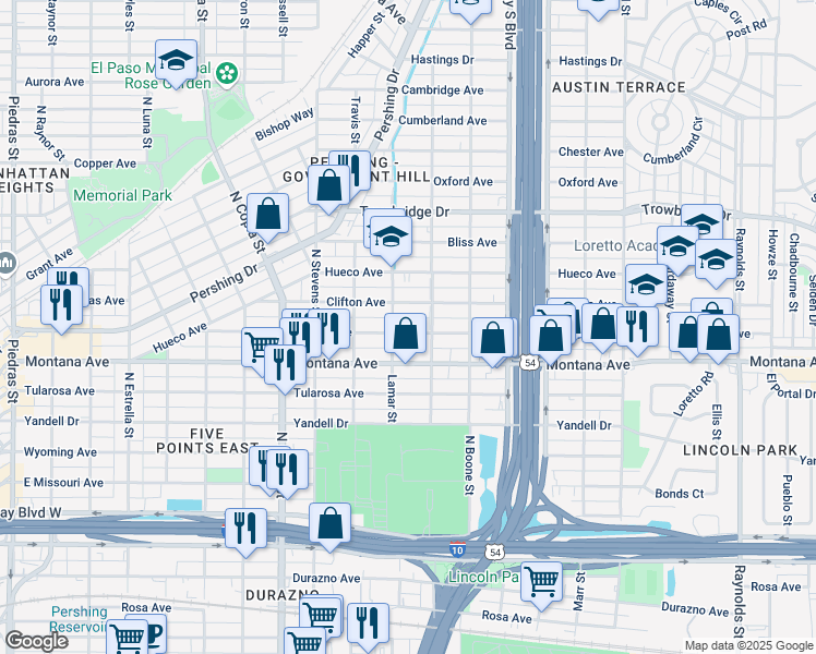 map of restaurants, bars, coffee shops, grocery stores, and more near 3913 La Luz Avenue in El Paso
