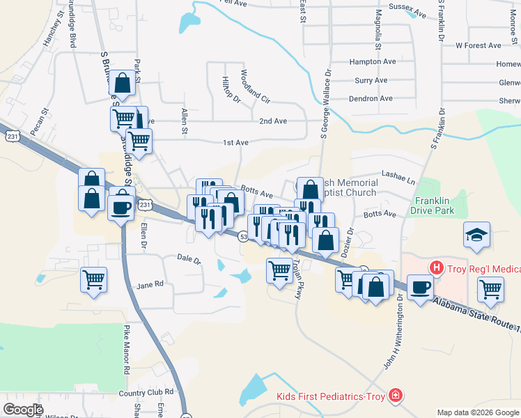 map of restaurants, bars, coffee shops, grocery stores, and more near 302 Corman Avenue in Troy