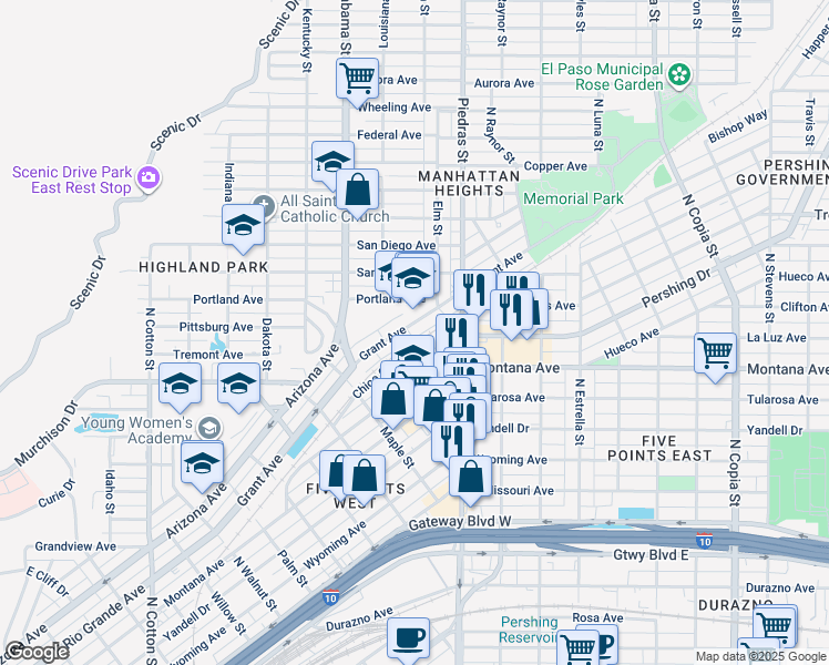 map of restaurants, bars, coffee shops, grocery stores, and more near 2825 Grant Avenue in El Paso