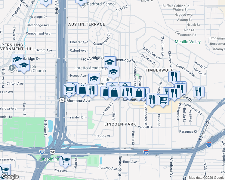 map of restaurants, bars, coffee shops, grocery stores, and more near 4637 La Luz Avenue in El Paso