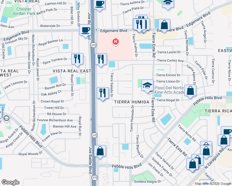 map of restaurants, bars, coffee shops, grocery stores, and more near 3028 Tierra Valle Drive in El Paso