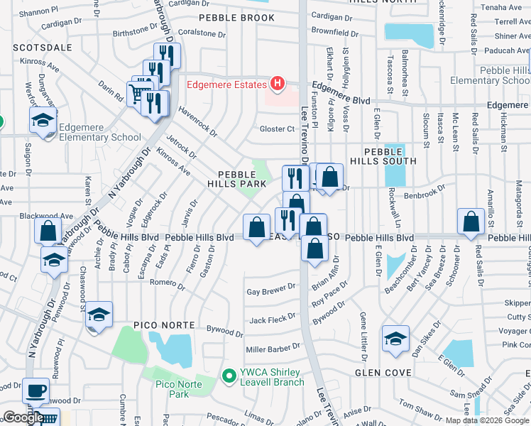 map of restaurants, bars, coffee shops, grocery stores, and more near 10719 Ivanhoe Drive in El Paso